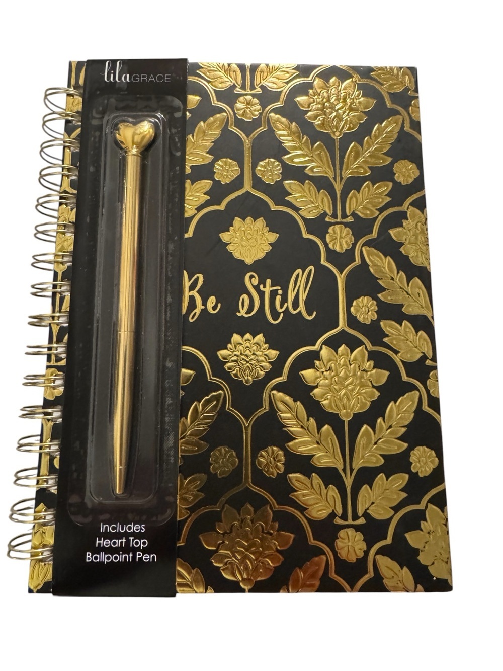 Lila Grace "Be Still" Black & Gold Floral Spiral Notebook with Gold Heart Pen